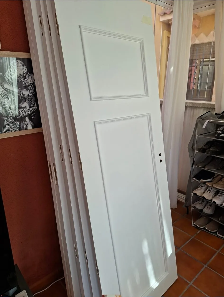 White panelled interior door prepared and painted off its hinges